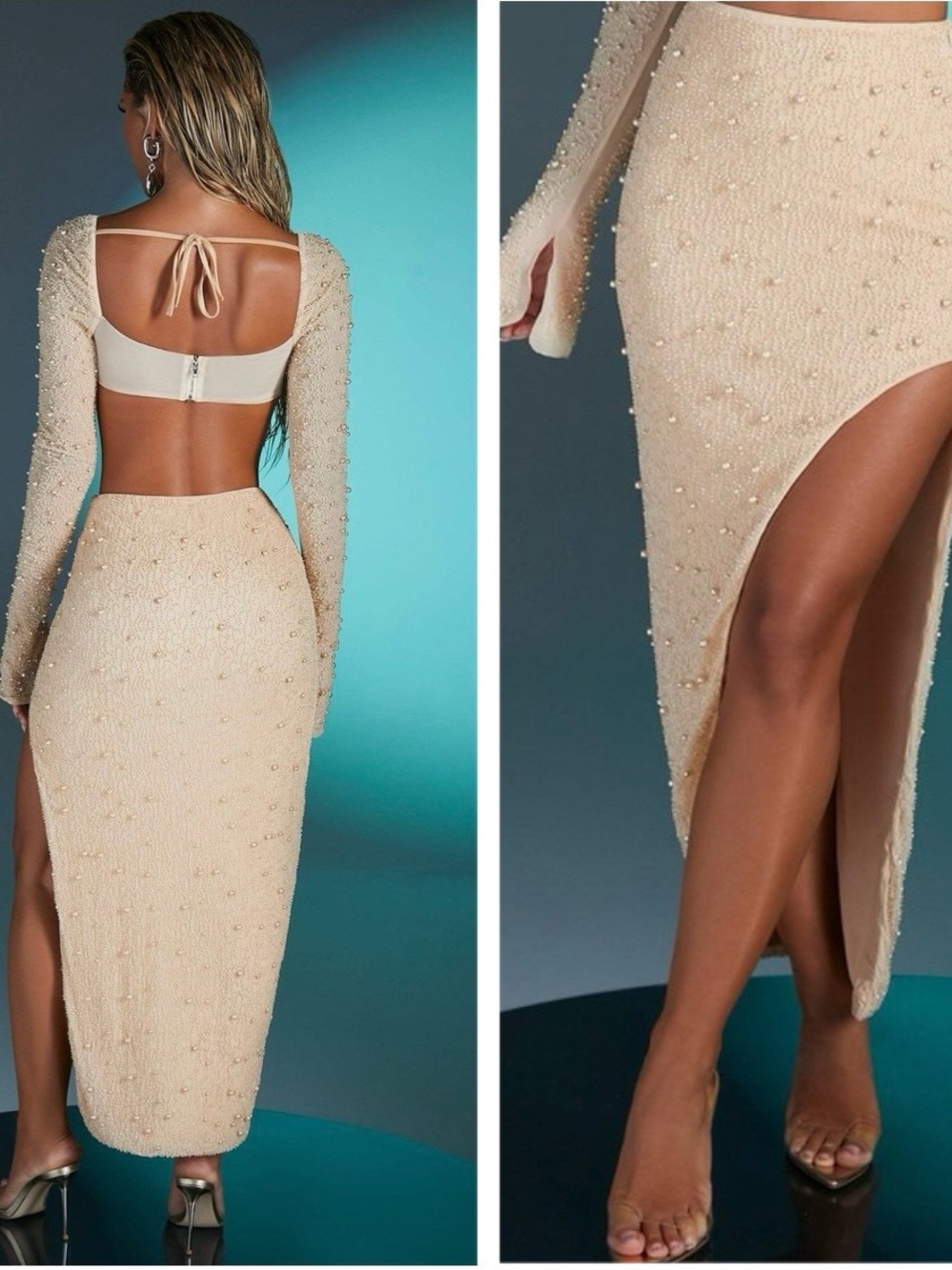 NWOT LA DÉSIRADE BORDEAUX PEARL Embellished Maxi Skirt in Sand 6